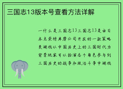 三国志13版本号查看方法详解